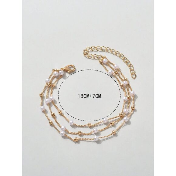 1pc Gold Pearl Layered Bracelet 3 Strand Dainty Adjustable Triple Chain Fashion - Picture 3 of 3